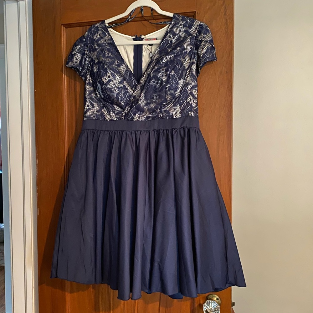 Navy Satin Silk and Lace Skater Dress